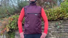 The purple Santini Alpha Pack Vest warn with a pink jacket underneath in front of a stone wall